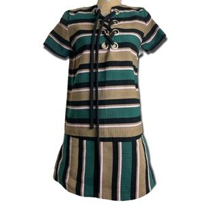 JOA Los Angelos Vertical Horizontal Stripes Grommet Tie Drawstring Neck Dress